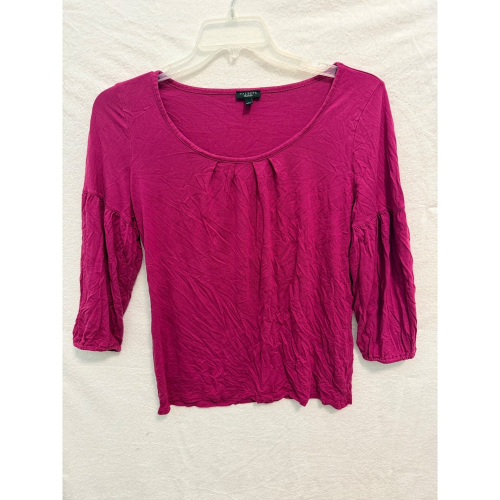 Talbots Magenta Pink Scoop Neck Pleated Top 3/4 Puff Sleeve Rayon Lyocell Large